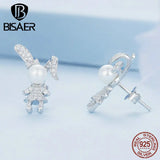 925 Silver Rabbit Stud Earrings Platinum Zircon Women Jewelry