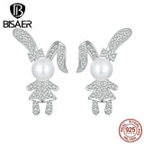 925 Silver Rabbit Stud Earrings Platinum Zircon Women Jewelry