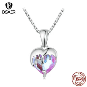 925 Silver Melting Heart Necklace Pendant Purple Chain Women Jewelry