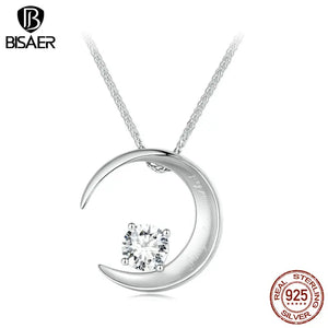 925 Silver Moon Necklace Square Zircon Chain Platinum Women Jewelry