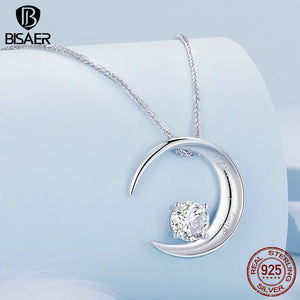 925 Silver Moon Necklace Square Zircon Chain Platinum Women Jewelry