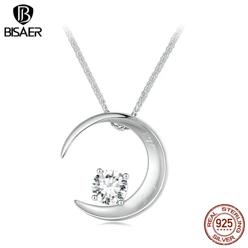925 Silver Moon Necklace Square Zircon Chain Platinum Women Jewelry