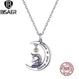 925 Silver Moon Unicorn Pendant Necklace Pink Zircon Woman Party Jewelry