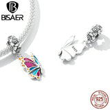 925 Silver Purple Butterfly Charm Bead Heart Pendant Platinum Fit DIY Bracelet
