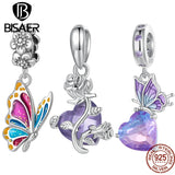 925 Silver Purple Butterfly Charm Bead Heart Pendant Platinum Fit DIY Bracelet