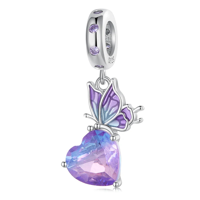925 Silver Purple Butterfly Charm Bead Heart Pendant Platinum Fit DIY Bracelet