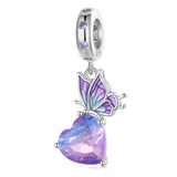 925 Silver Purple Butterfly Charm Bead Heart Pendant Platinum Fit DIY Bracelet