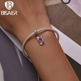 925 Silver Purple Butterfly Charm Bead Heart Pendant Platinum Fit DIY Bracelet