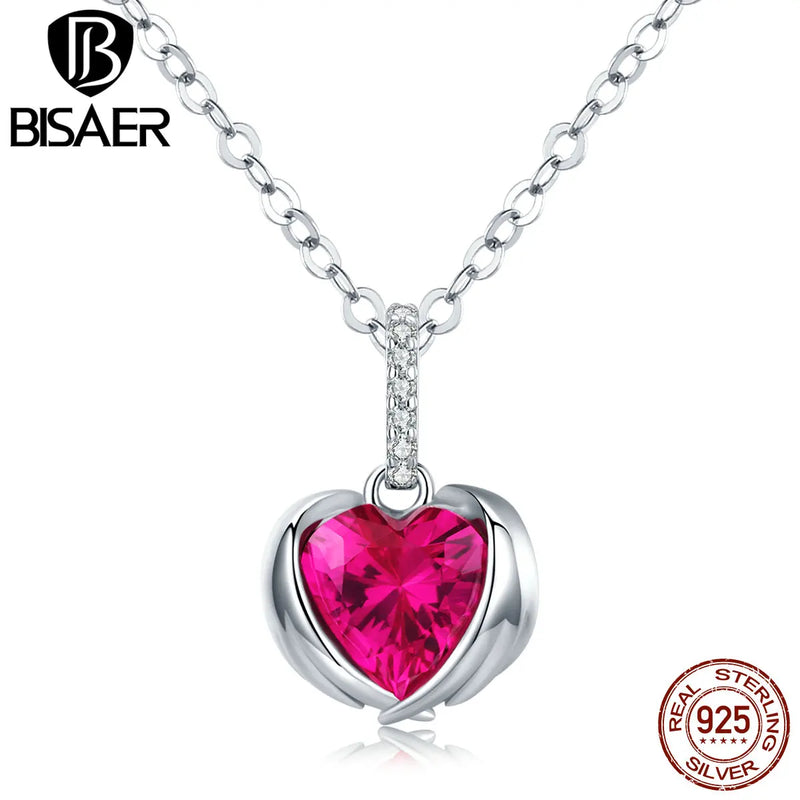 925 Silver Red Heart Guardian Wing Pendant Necklace For Women