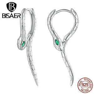 925 Silver Snake Hoop Earrings Green Zircon Ear Clips Platinum Plating