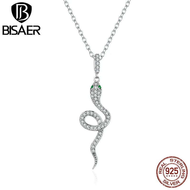 925 Silver Snake Necklace Pendant Zircon Platinum Plated
