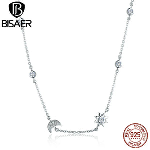 925 Silver Moon Star Pendant Necklace Crystal Chain Platinum