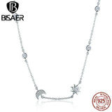 925 Silver Moon Star Pendant Necklace Crystal Chain Platinum