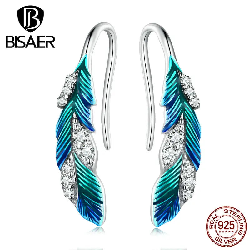 925 Silver Dazzling Green Feather Eardrop Stud Earrings EFE707