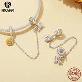 925 Silver Sunflower Charm Bead Flower Pendant Safety Chain for Women Bracelet