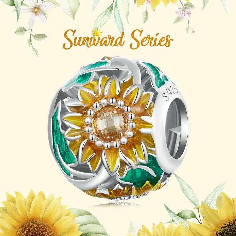 925 Silver Sunflower Charm Bead Flower Pendant Safety Chain for Women Bracelet