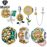 925 Silver Sunflower Charm Bead Flower Pendant Safety Chain for Women Bracelet