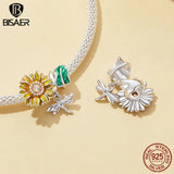 925 Silver Sunflower Charm Bead Flower Pendant Safety Chain for Women Bracelet