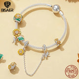 925 Silver Sunflower Charm Bead Flower Pendant Safety Chain for Women Bracelet