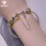 925 Silver Sunflower Charm Bead Flower Pendant Safety Chain for Women Bracelet