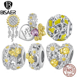 925 Silver Sunflower Dream Charm Bead Daisy Pendant Safety Chain Bracelet