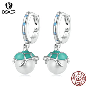 925 Silver Turtle&Pearl Hoop Earrings Zircon Stud Earring Platinum