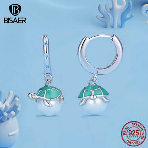 925 Silver Turtle&Pearl Hoop Earrings Zircon Stud Earring Platinum