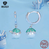 925 Silver Turtle&Pearl Hoop Earrings Zircon Stud Earring Platinum