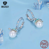 925 Silver Turtle&Pearl Hoop Earrings Zircon Stud Earring Platinum