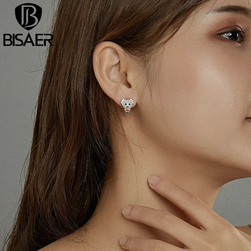 Sterling Silver Bear Zircon Stud Earrings for Women