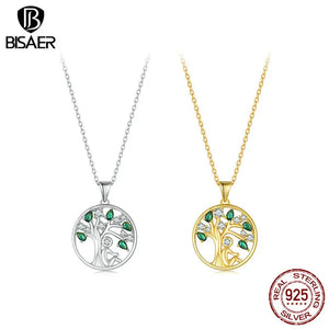 925 Silver Tree Of Life Pendant Necklace Green & Zircon Chain