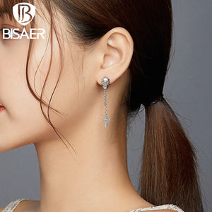 925 Silver Skull With Cross Stud Earrings Chain Jewelry EFE419