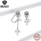 925 Silver Skull With Cross Stud Earrings Chain Jewelry EFE419