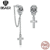 925 Silver Skull With Cross Stud Earrings Chain Jewelry EFE419