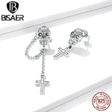 925 Silver Skull With Cross Stud Earrings Chain Jewelry EFE419