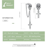 925 Silver Skull With Cross Stud Earrings Chain Jewelry EFE419