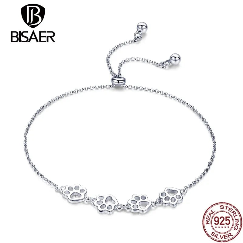 925 Sterling Silver Pet Paw Bracelet Platinum Plated Adjustable Chain