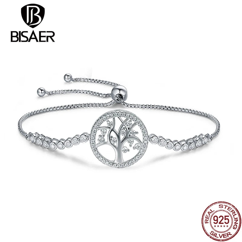 925 Sterling Silver The Tree Of Life CZ Bracelet Platinum Adjustable Chain