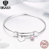 925 Silver Love Heart Dangle Bangle Bracelet Women Jewelry
