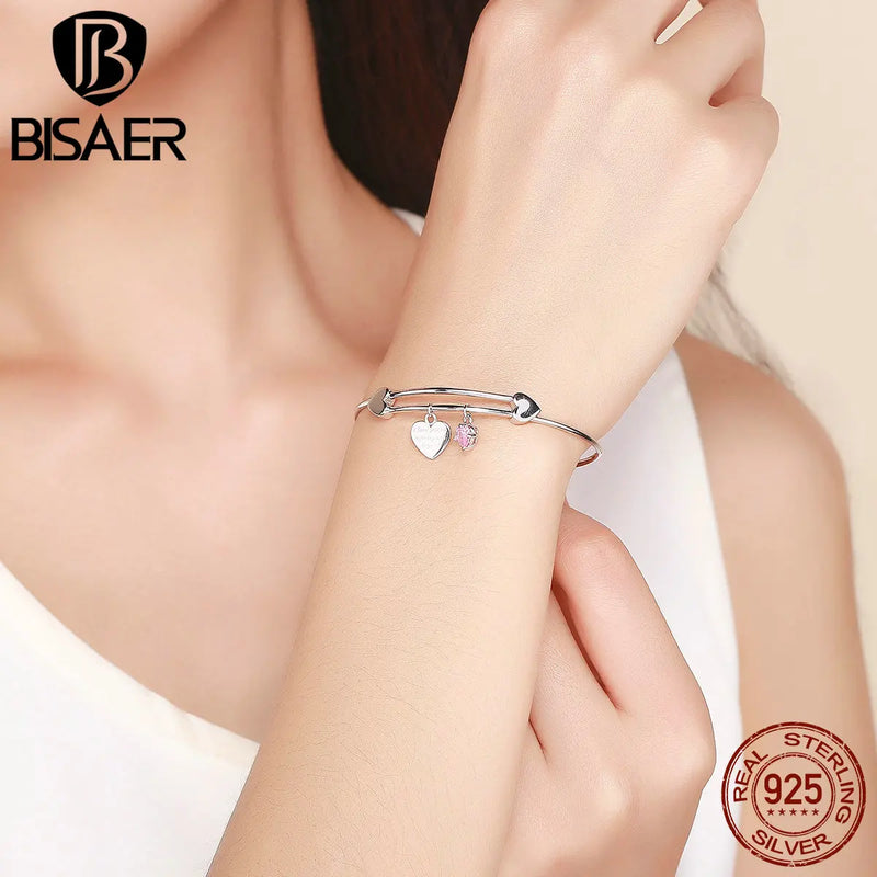 925 Silver Love Heart Dangle Bangle Bracelet Women Jewelry