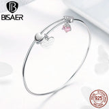 925 Silver Love Heart Dangle Bangle Bracelet Women Jewelry