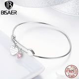 925 Silver Love Heart Dangle Bangle Bracelet Women Jewelry