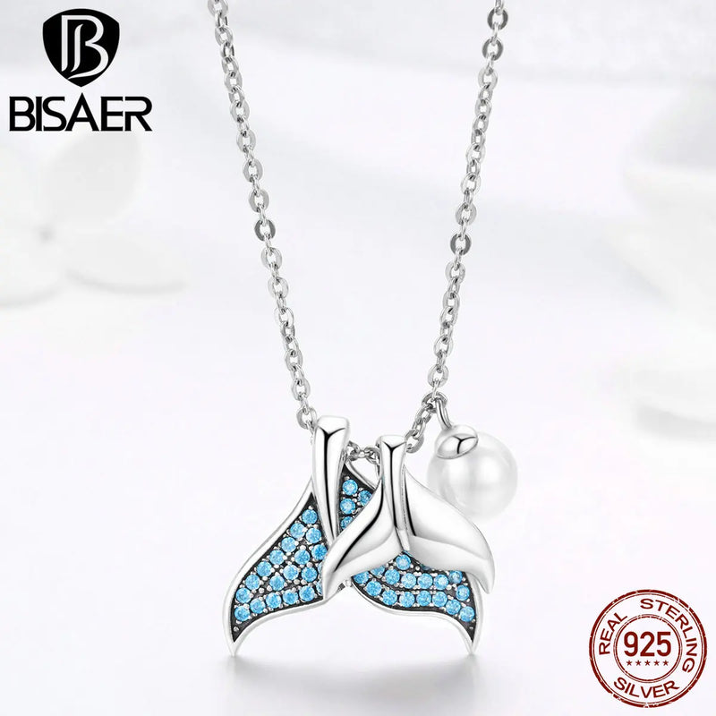 925 Silver Mermaids Tears Tail Pendant Necklace Crystal Jewelry ECN309