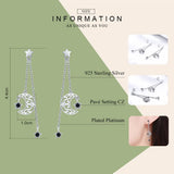 925 Silver Moon & Star Zircon Long Stud Earrings Women Sterling Silver