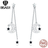 925 Silver Moon & Star Zircon Long Stud Earrings Women Sterling Silver