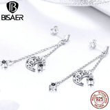 925 Silver Moon & Star Zircon Long Stud Earrings Women Sterling Silver