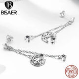 925 Silver Moon & Star Zircon Long Stud Earrings Women Sterling Silver
