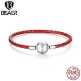 Red Leather Rope 925 Silver Lucky Bracelet Platinum CZ Women Jewelry
