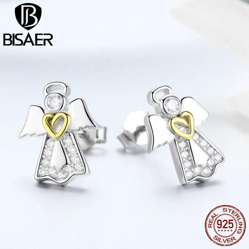 925 Silver Angel Wings Stud Earrings Zircon Women Silver Jewelry