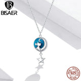 925 Silver Moon & Cat Necklace Long Chain Pendant